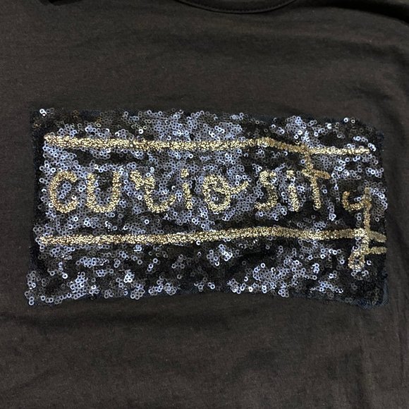 Zara "Curiosity" Sequins 3/4 Sleeve Navy Tee, M EUC - Picture 7 of 8